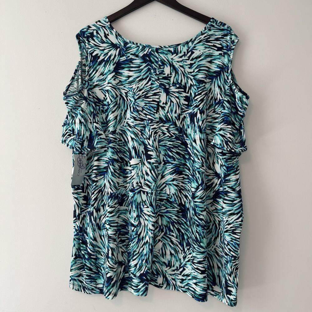 Catherines Top Womens 3X 26/28W Cold Shoulder Stretch Blue White Leaf Pattern - Picture 3 of 9